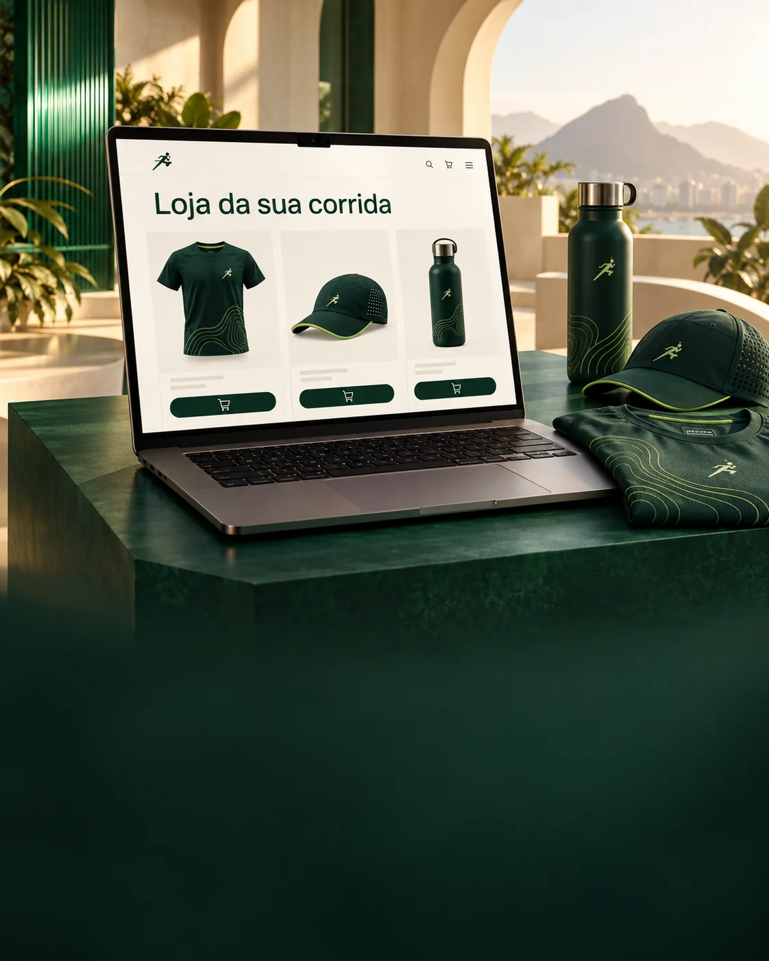 Loja virtual da corrida com camisetas e acessórios em um notebook.